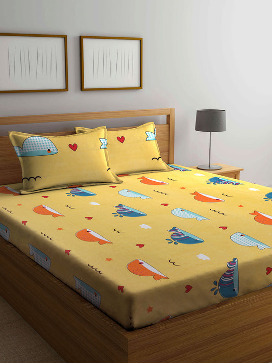 Arrabi Yellow Cartoon TC Cotton Blend Double Size Bedsheet with 2 Pillow Cover