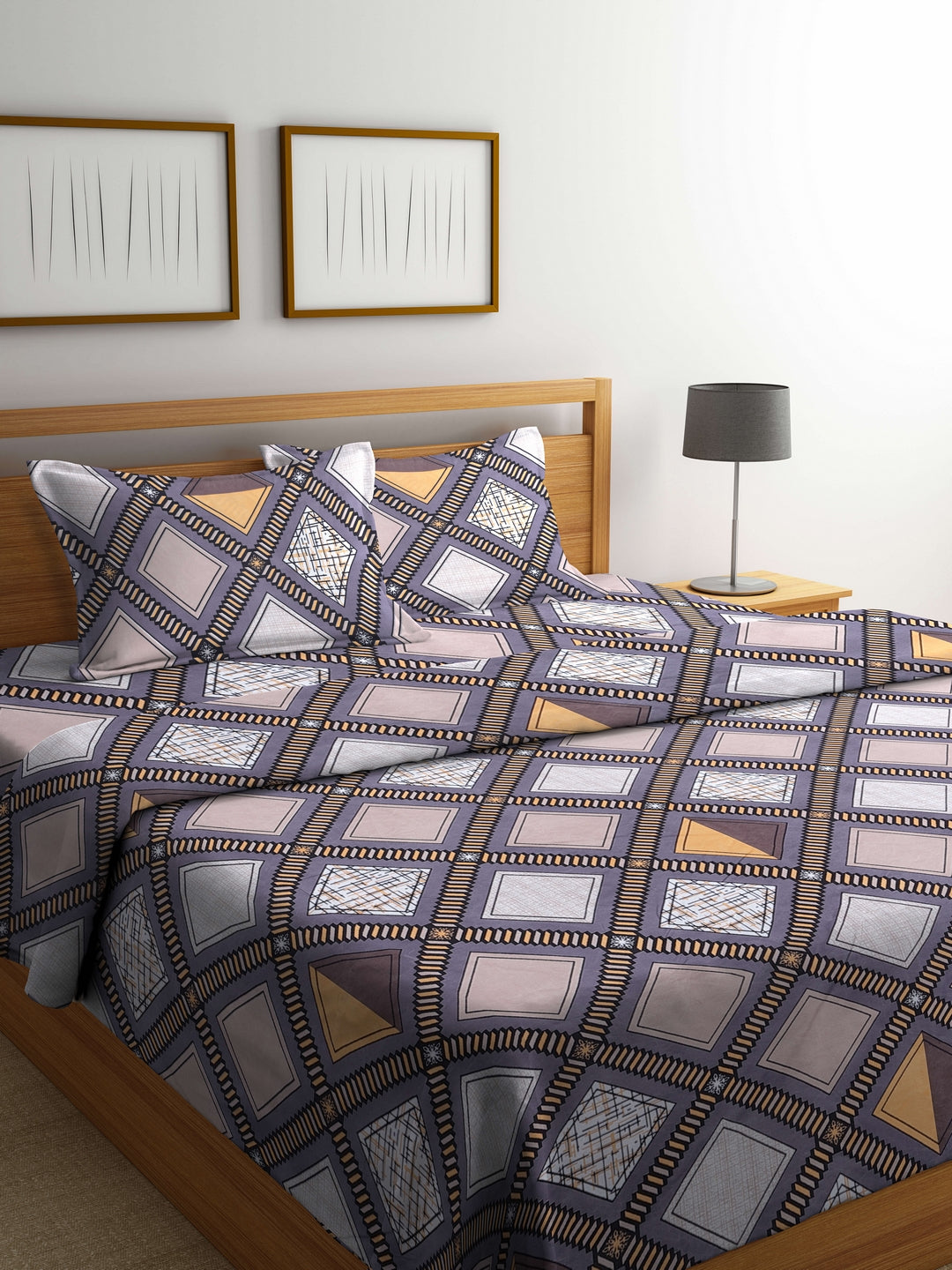 Arrabi Grey Geometric TC Cotton Blend Double Size Comforter Bedding Set with 2 Pillow Cover