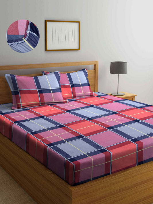 Arrabi Multi Checks TC Cotton Blend King Size Fitted Bedsheet with 2 Pillow Covers (250 X 220 Cm )