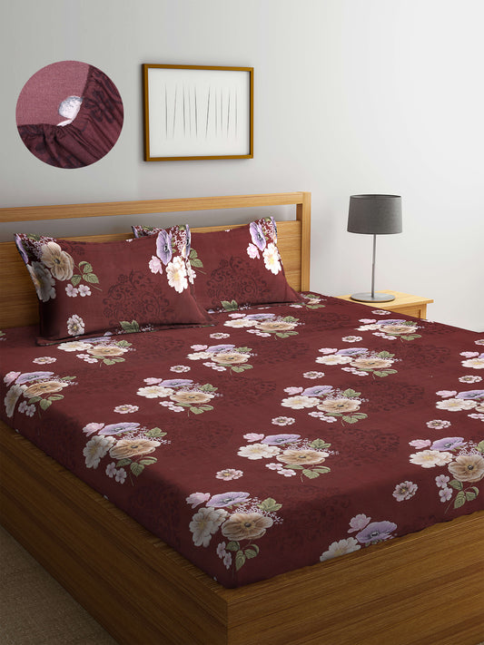 Arrabi Brown Floral TC Cotton Blend Double Size Fitted Bedsheet with 2 Pillow Covers (250 X 220 cm)