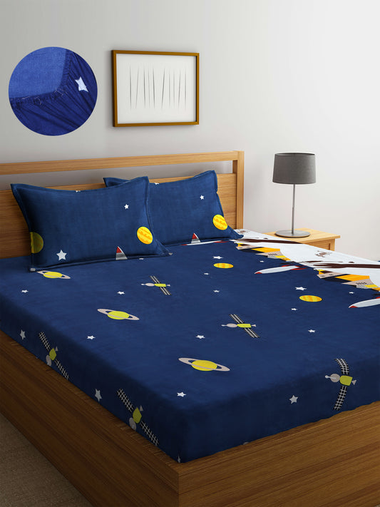 Arrabi Blue Graphic TC Cotton Blend Double Size Fitted Bedsheet with 2 Pillow Covers (250 X 220 cm)