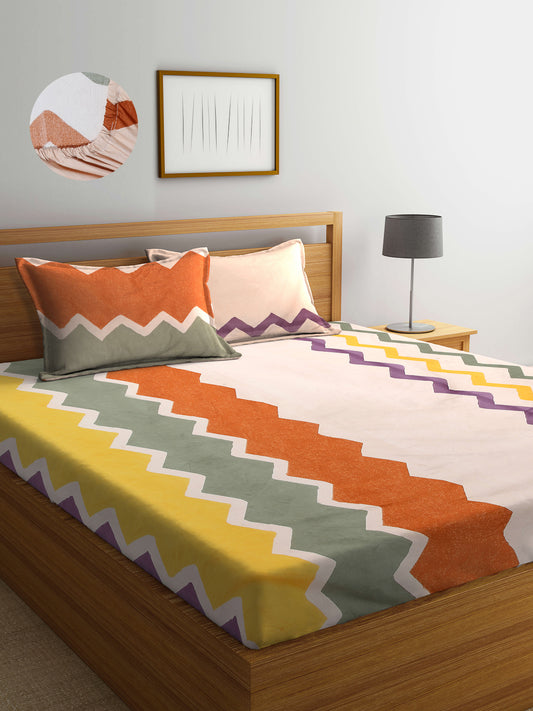 Arrabi Brown Graphic TC Cotton Blend King Size Fitted Bedsheet with 2 Pillow Covers (250 X 215 Cm )