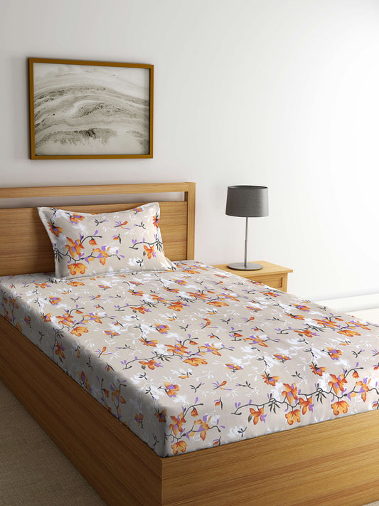 Arrabi Beige Floral TC Cotton Blend Single Size Bedsheet with 1 Pillow Cover ( 220 X 150 cm)