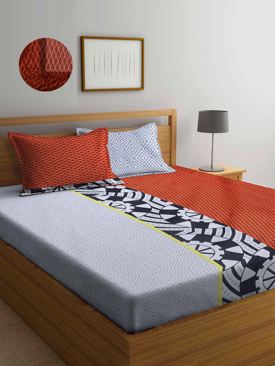 Arrabi Multi Graphic TC Cotton Blend Super King Size Fitted Bedsheet with 2 Pillow Covers (260 X 260 Cm )