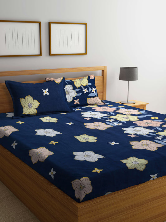 Arrabi Blue Floral TC Cotton Blend King Size Bedsheet with 2 Pillow Covers (250 X 220 cm)