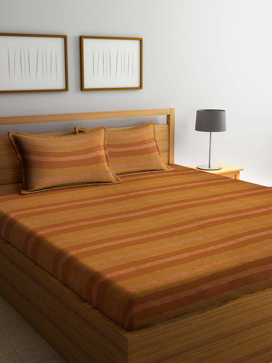 Arrabi Brown Stripes Handwoven Cotton Double King Size Bedsheet with 2 Pillow Covers (270 x 270 cm)