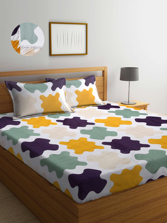 Arrabi Multi Abstract TC Cotton Blend King Size Fitted Bedsheet with 2 Pillow Covers (250 X 215 Cm )