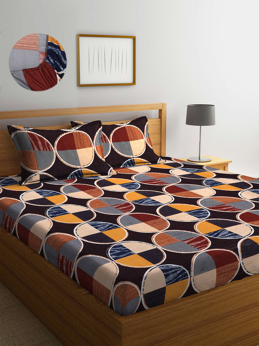 Arrabi Multi Geometric TC Cotton Blend Double Size Fitted Bedsheet with 2 Pillow Cover ( 250 x 225 cm)