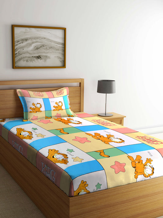 Arrabi Multi Cartoon TC Cotton Blend  Single Size Bedsheet with 1 Pillow Cover (220 X 150 cm)