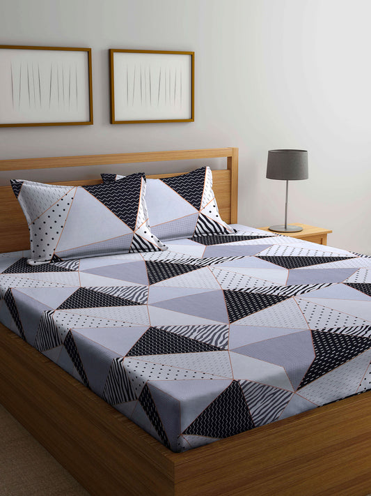 Arrabi Grey Geometric TC Cotton Blend Double King Size Bedsheet with 2 Pillow Covers (270 x 260 cm)