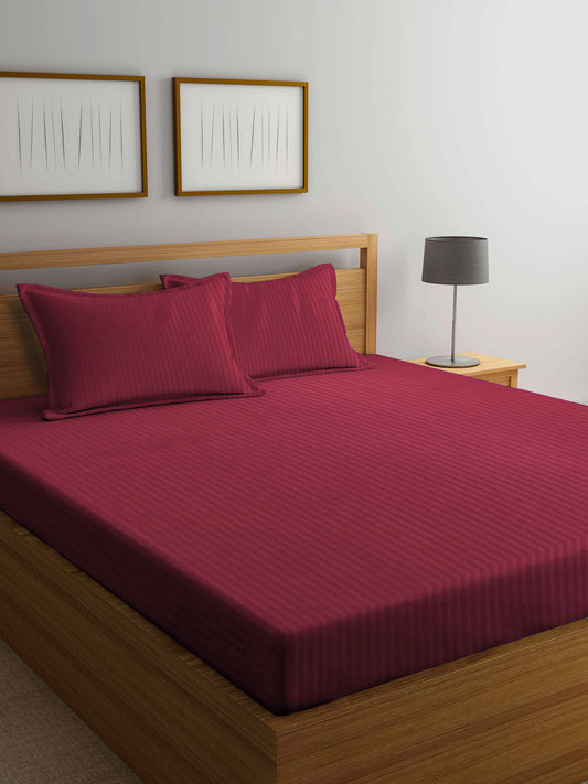 Arrabi Red Stripes TC Cotton Blend Super King Size Bedsheet with 2 Pillow Covers (270 X 260 cm)