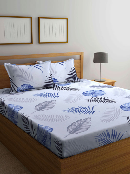 Arrabi White Leaf TC Cotton Blend Double Size Bedsheet with 2 Pillow Covers
