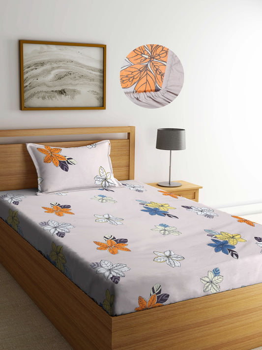 Arrabi Beige Leaf TC Cotton Blend Single Size Fitted Bedsheet with 1 Pillow Cover (220 X 150 cm)