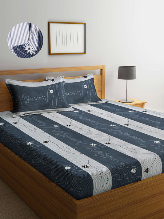 Arrabi Grey Floral TC Cotton Blend King Size Fitted Bedsheet with 2 Pillow Covers (250 X 215 Cm )