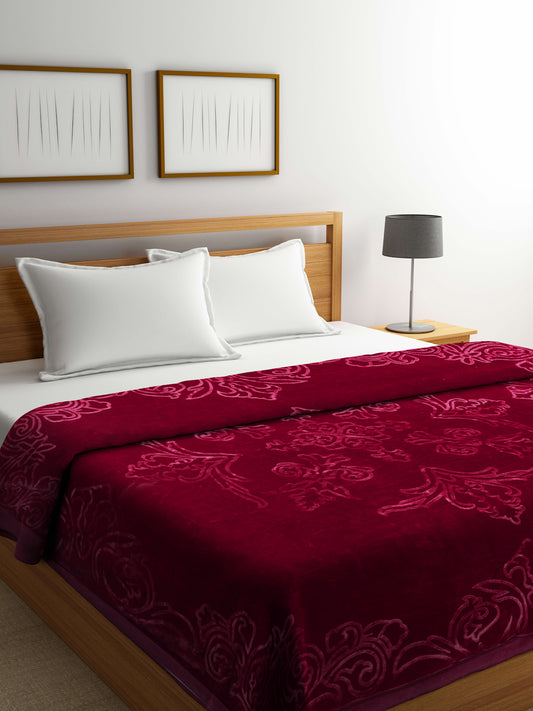 Arrabi Maroon Floral Wool Blend 950 GSM Full Size Double Bed Blanket (220 X 200 cm)
