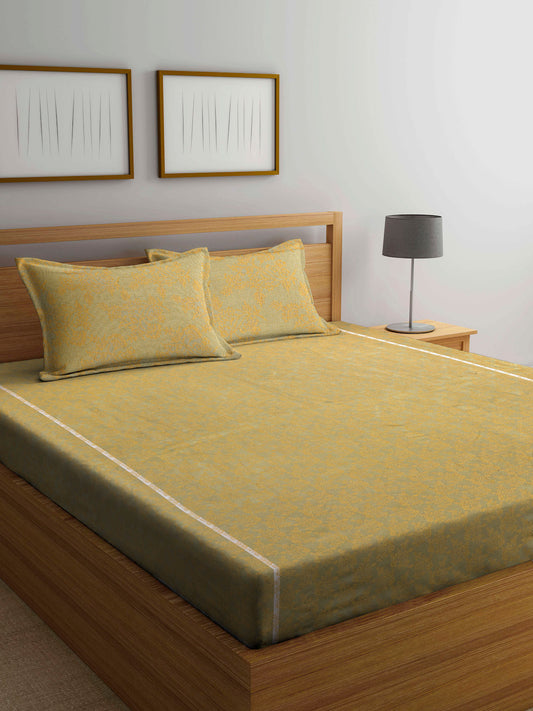 Arrabi Yellow Floral Handwoven Cotton King Size Bedsheet with 2 Pillow Covers (260 X 230 cm)
