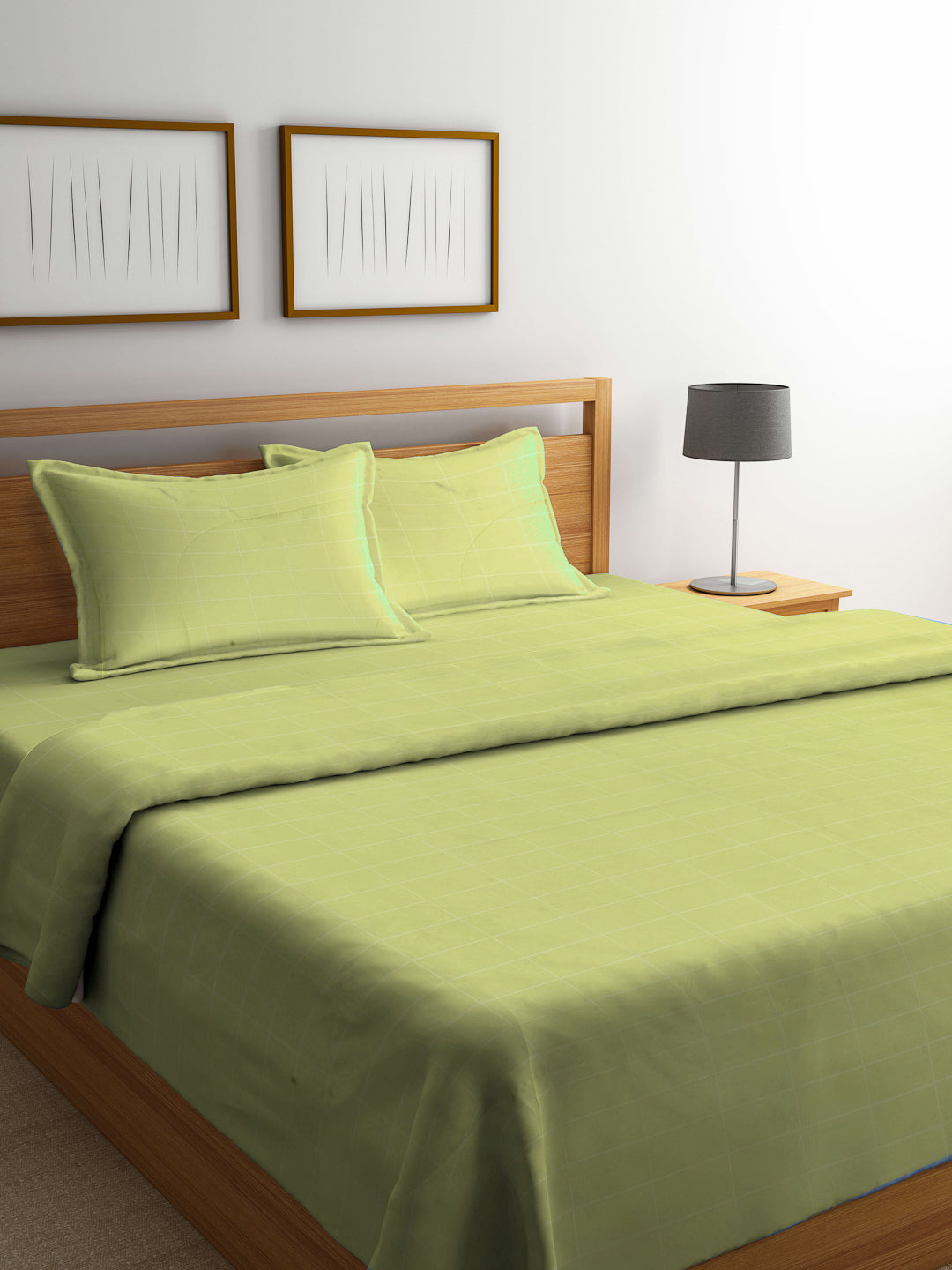 Arrabi Green Check TC Cotton Blend Double Size Comforter Bedding Set with 2 Pillow Cover