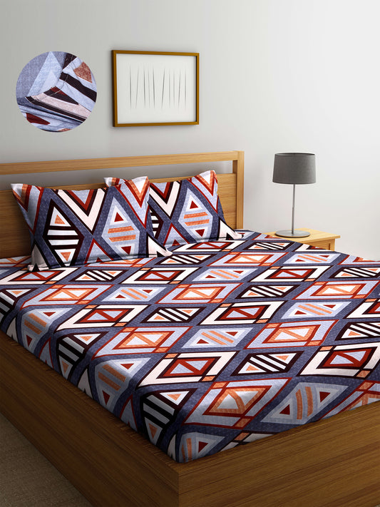 Arrabi Multi Geometric TC Cotton Blend Double Size Fitted Bedsheet with 2 Pillow Covers (250 X 220 cm)