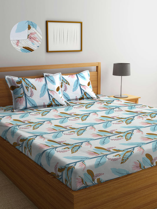 Arrabi Multi Leaf TC Cotton Blend King Size Fitted Bedsheet with 2 Pillow Covers (250 X 215 Cm )