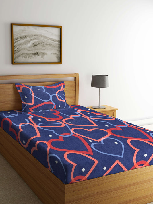 Arrabi Blue Graphic TC Cotton Blend Single Size Bedsheet with 1 Pillow Cover ( 220 X 150 cm)