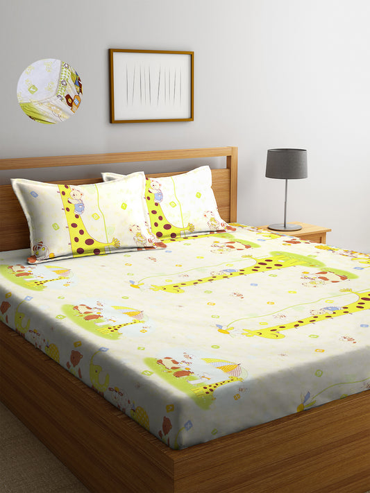 Arrabi Multi Animal TC Cotton Blend Double Size Fitted Bedsheet with 2 Pillow Covers (250 X 220 cm)
