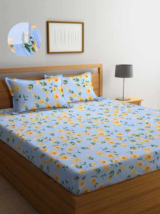 Arrabi Blue Floral TC Cotton Blend King Size Fitted Bedsheet with 2 Pillow Covers(250 X 215 Cm )