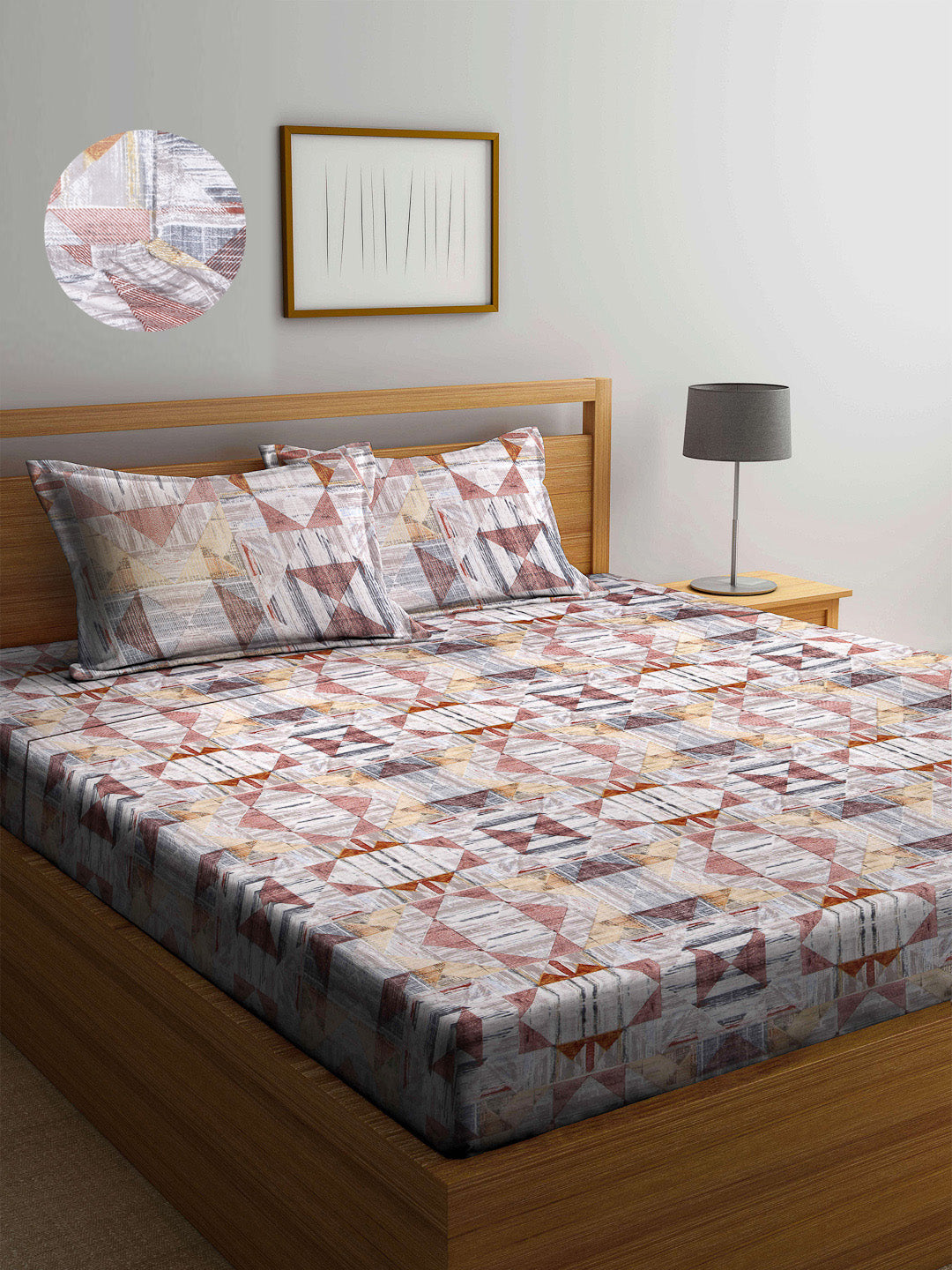 Arrabi Multi Graphic TC Cotton Blend Double Size Fitted Bedsheet with 2 Pillow Covers (250 X 220 cm)