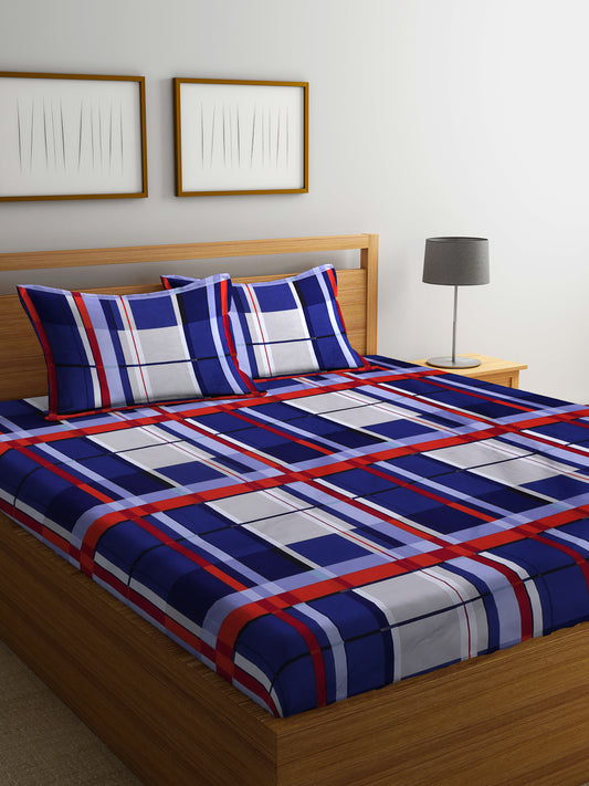 Arrabi Blue Geometric TC Cotton Blend King Size Bedsheet with 2 Pillow Covers (250 X 215 cm)
