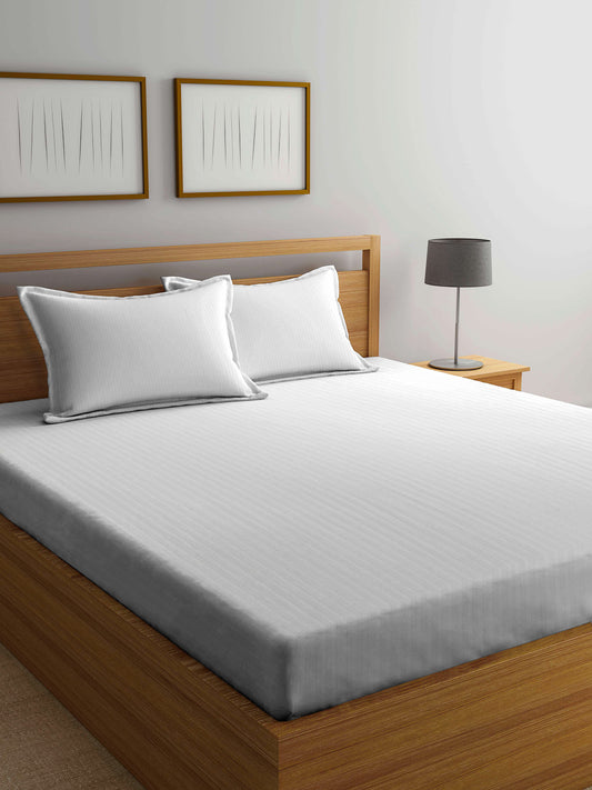 Arrabi White Stripes TC Cotton Blend Super King Size Bedsheet with 2 Pillow Covers (270 X 260 cm)