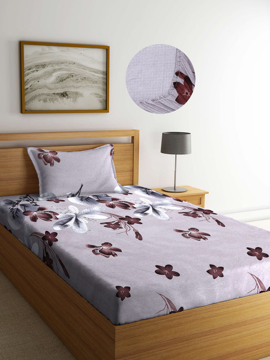 Arrabi Brown Floral TC Cotton Blend Single Size Fitted Bedsheet with 1 Pillow Cover (220 X 150 cm)