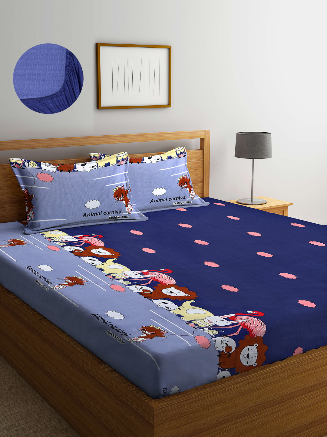Arrabi Blue Cartoon TC Cotton Blend Double Size Fitted Bedsheet with 2 Pillow Covers (250 X 220 cm)