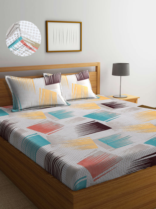 Arrabi Multi Graphic TC Cotton Blend King Size Fitted Bedsheet with 2 Pillow Covers (250 X 215 Cm )