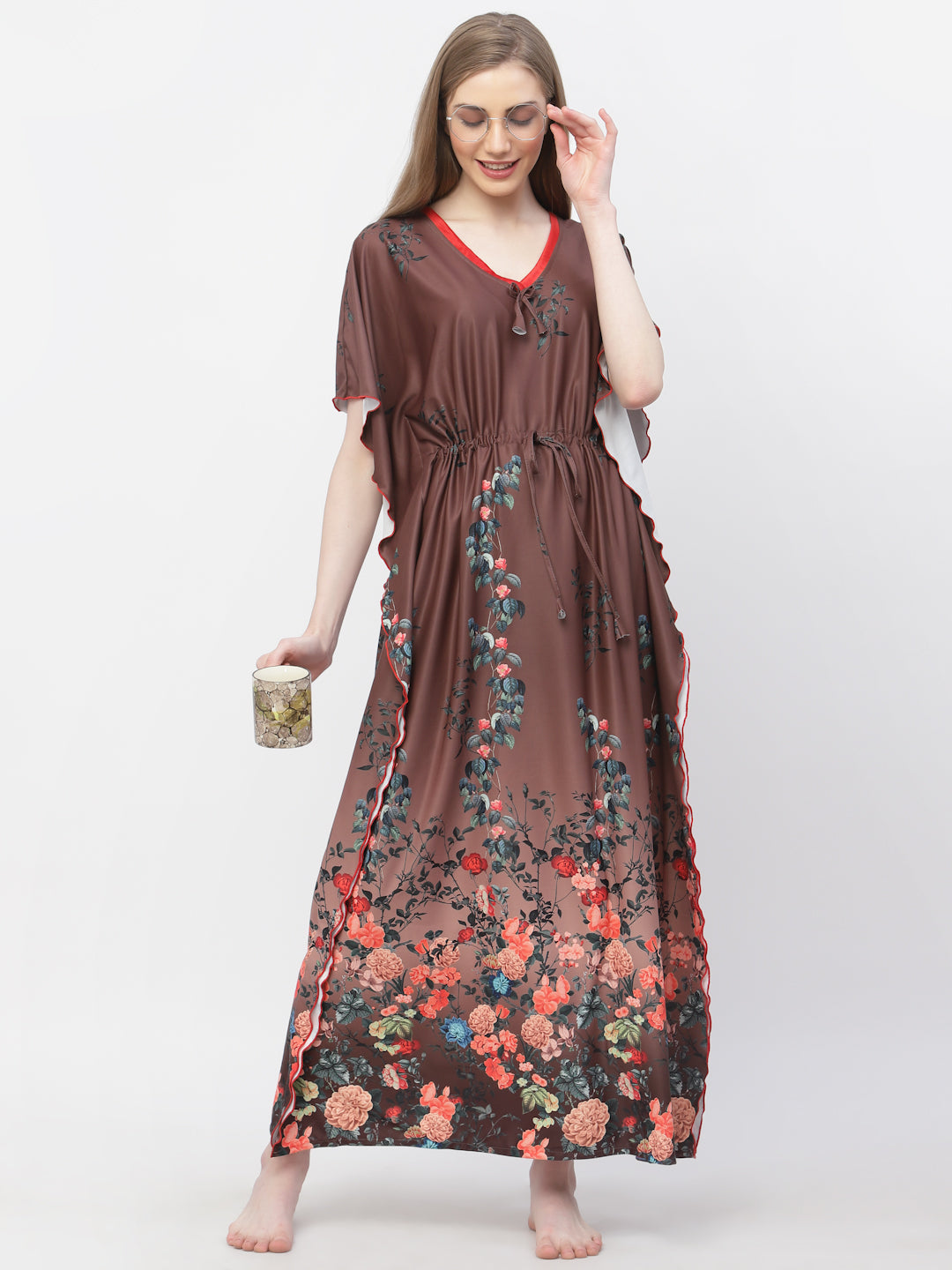 Arrabi Women Brown Floral Kaftan Dress