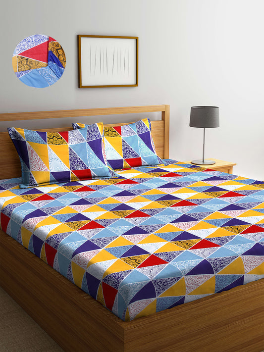 Arrabi Multi Geometric TC Cotton Blend King Size Fitted Bedsheet with 2 Pillow Covers (250 X 215 Cm )