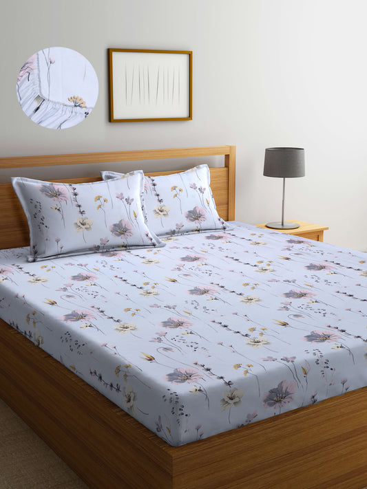 Arrabi Grey Floral TC Cotton Blend King Size Fitted Bedsheet with 2 Pillow Covers(250 X 215 Cm )