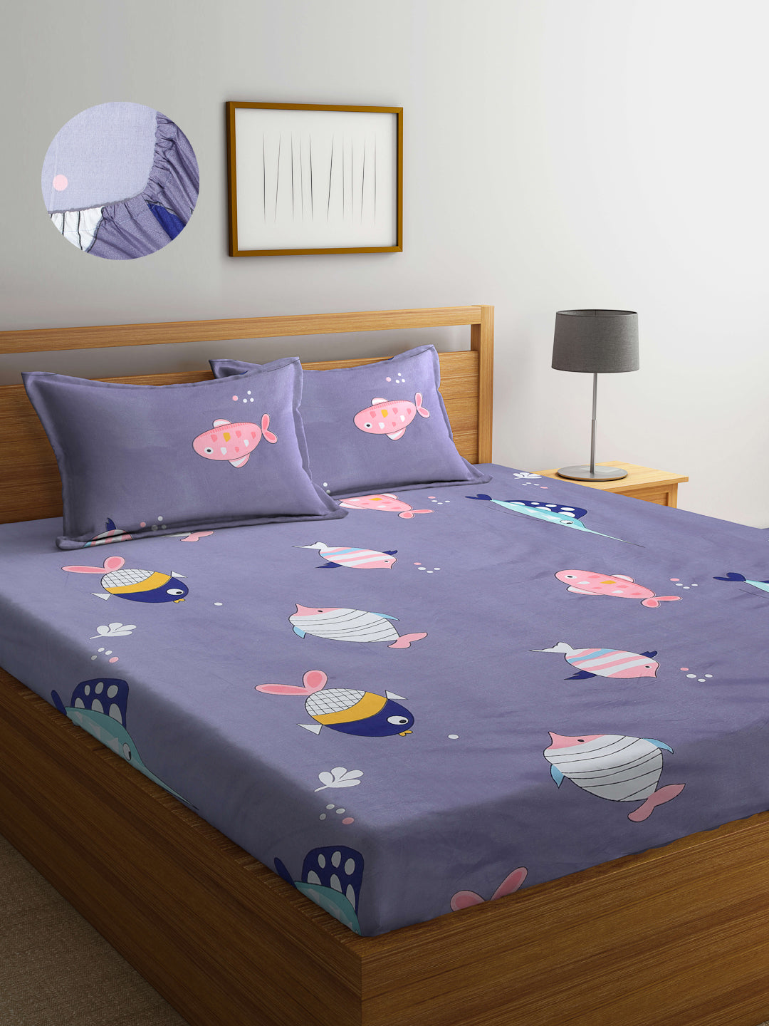 Arrabi Grey Cartoon TC Cotton Blend King Size Fitted Bedsheet with 2 Pillow Covers (250 X 215 Cm )