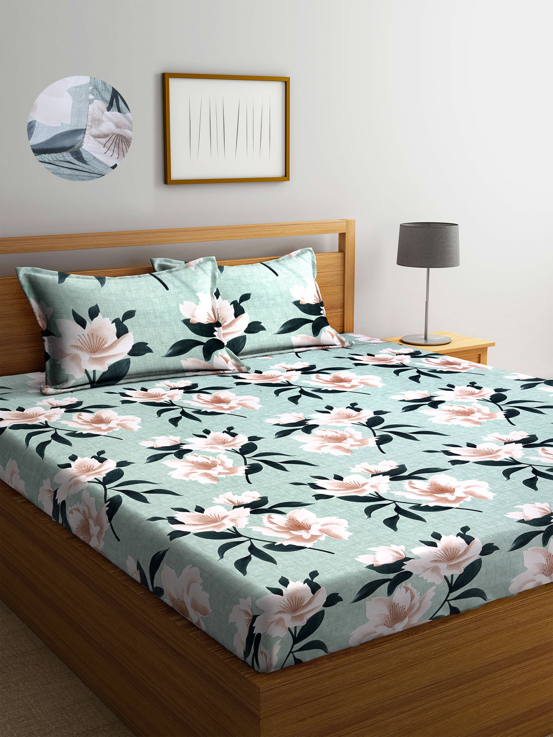Arrabi Green Floral TC Cotton Blend Double Size Fitted Bedsheet with 2 Pillow Covers (250 X 220 cm)