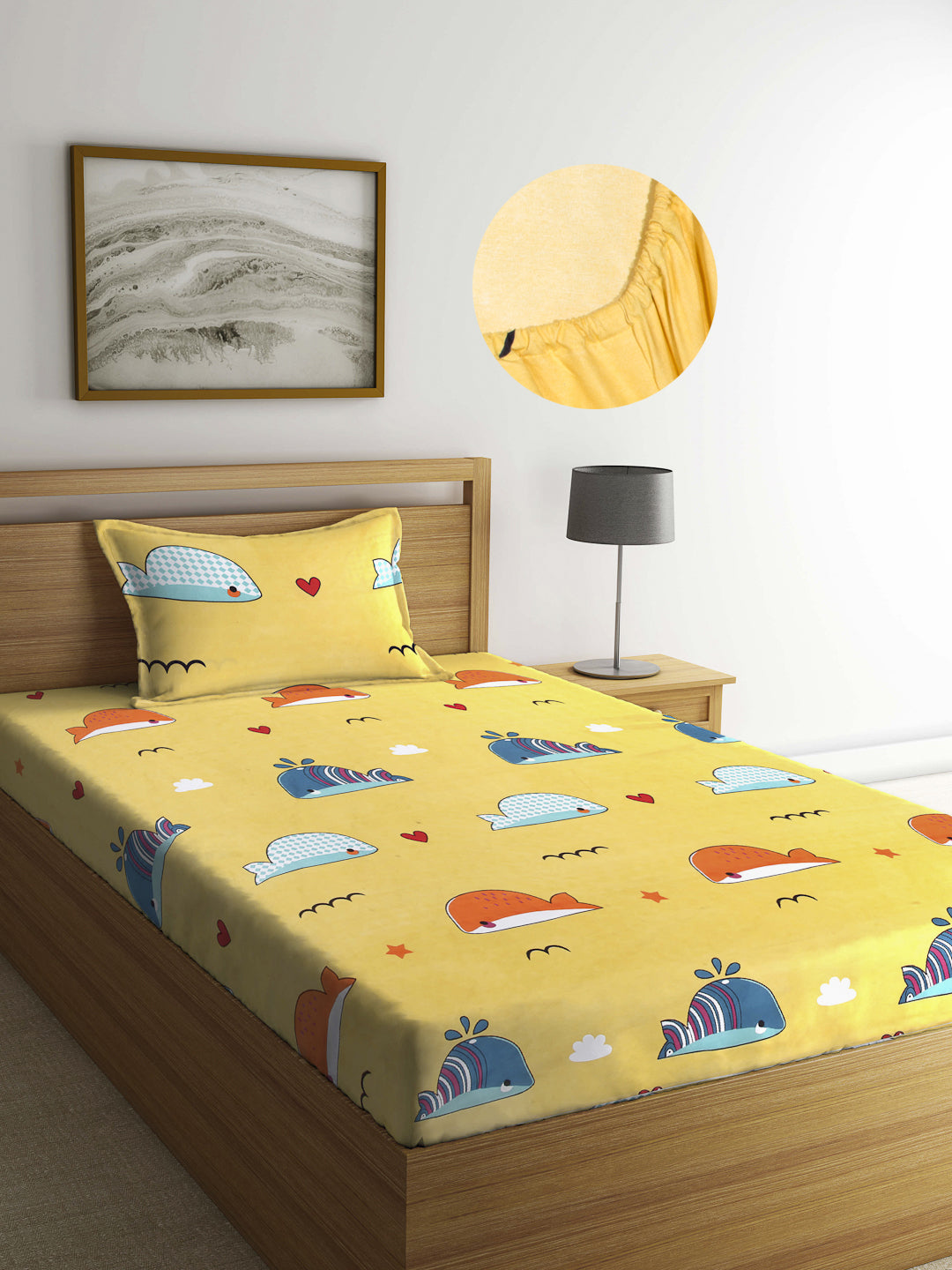 Arrabi Yellow Graphic TC Cotton Blend Single Size Fitted Bedsheet with 1 Pillow Cover (220 X 150 cm)