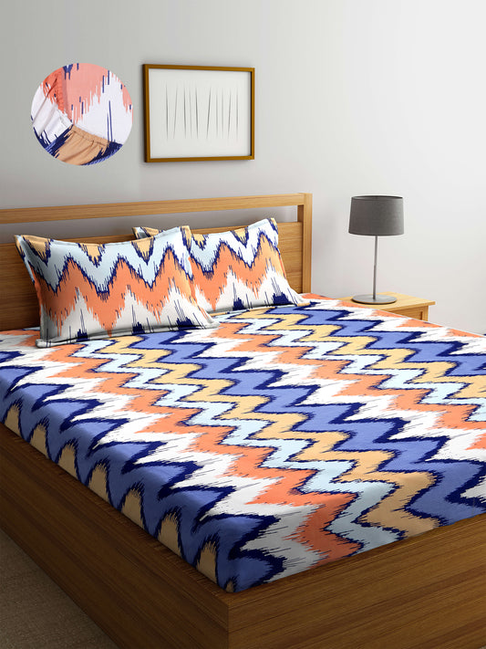 Arrabi Multi Graphic TC Cotton Blend King Size Fitted Bedsheet with 2 Pillow Covers (250 X 215 Cm )