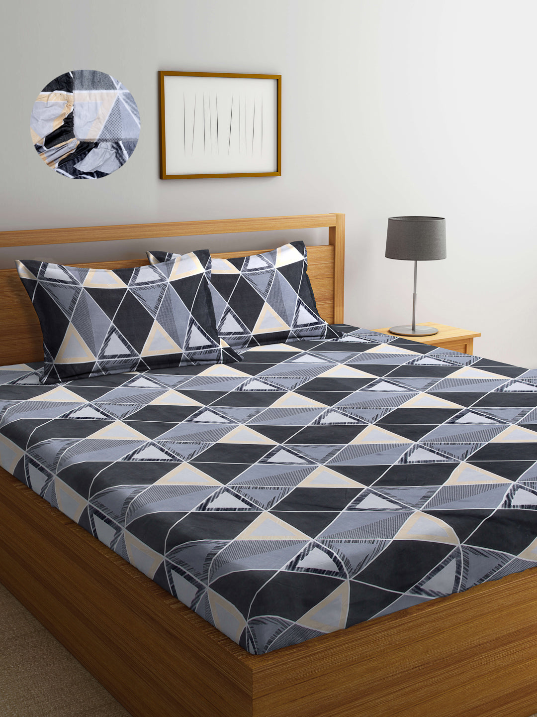 Arrabi Grey Geometric TC Cotton Blend King Size Fitted Bedsheet with 2 Pillow Covers (250 X 215 Cm )