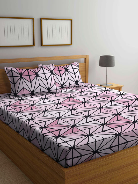 Arrabi Pink Geometric TC Cotton Blend Double King Size Bedsheet with 2 Pillow Covers