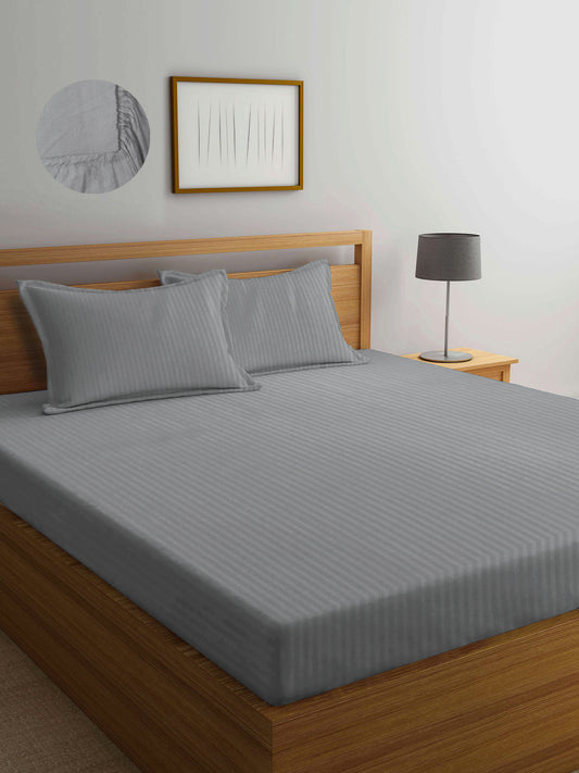 Arrabi Grey Stripes TC Cotton Blend Double Size Fitted Bedsheet with 2 Pillow Covers (250 X 220 cm)