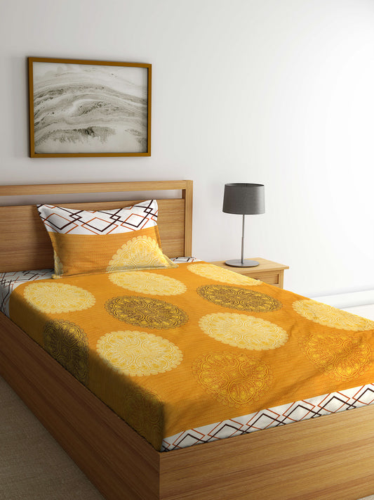 Arrabi Yellow Indian TC Cotton Blend Single Size Bedsheet with 1 Pillow Cover ( 215 X 150 cm)
