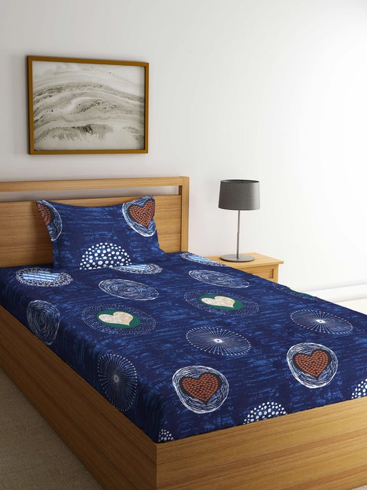 Arrabi Blue Graphic TC Cotton Blend Single Size Bedsheet with 1 Pillow Cover (220 X 150 cm)