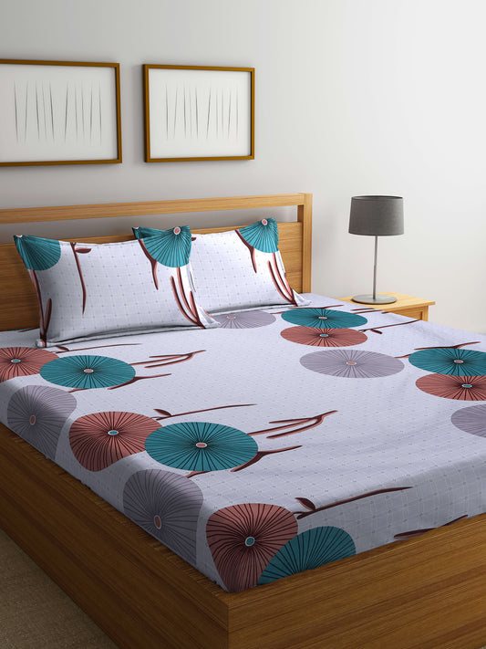 Arrabi Grey Floral TC Cotton Blend King Size Bedsheet with 2 Pillow Covers (250 X 220 cm)