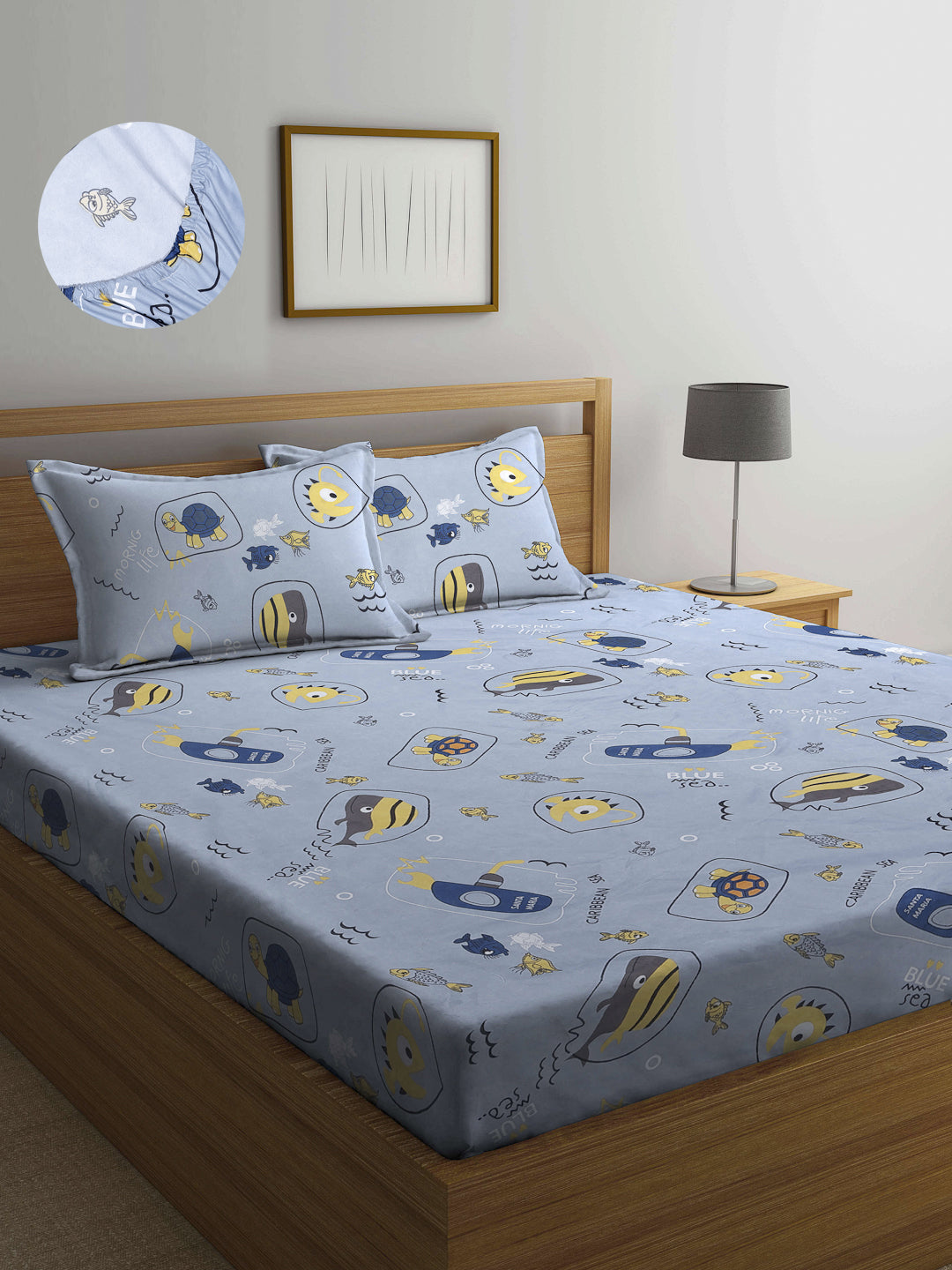 Arrabi Grey Cartoon TC Cotton Blend Double Size Fitted Bedsheet with 2 Pillow Covers (250 X 220 cm)