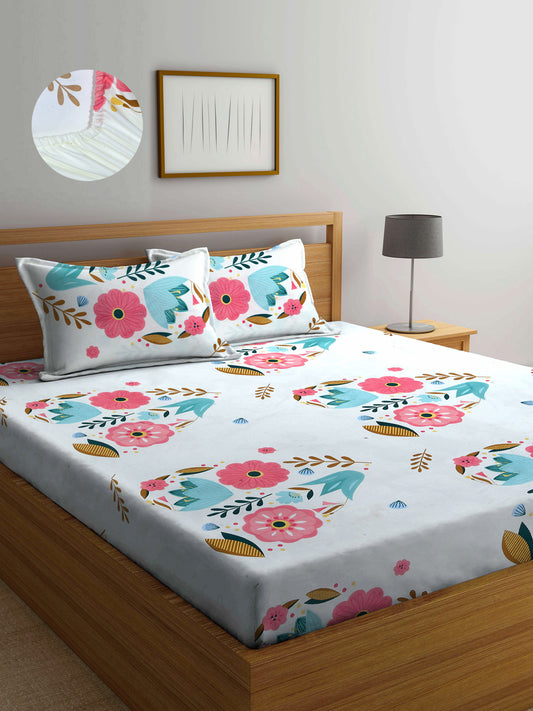 Arrabi Multi Floral TC Cotton Blend King Size Fitted Bedsheet with 2 Pillow Covers (250 X 220 Cm )