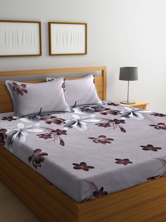 Arrabi Brown Floral TC Cotton Blend King Size Bedsheet with 2 Pillow Covers (250 X 220 cm)