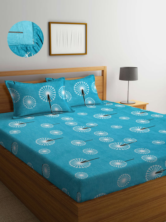 Arrabi Teal Floral TC Cotton Blend Super King Size Fitted Bedsheet with 2 Pillow Covers(270 X 260 Cm )