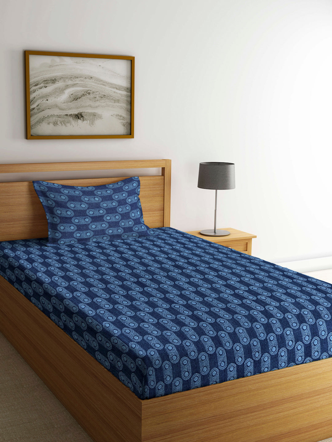 Arrabi Blue Graphic Handwoven Cotton Single Size Bedsheet with 1 Pillow Cover ( 225 X 150 cm)